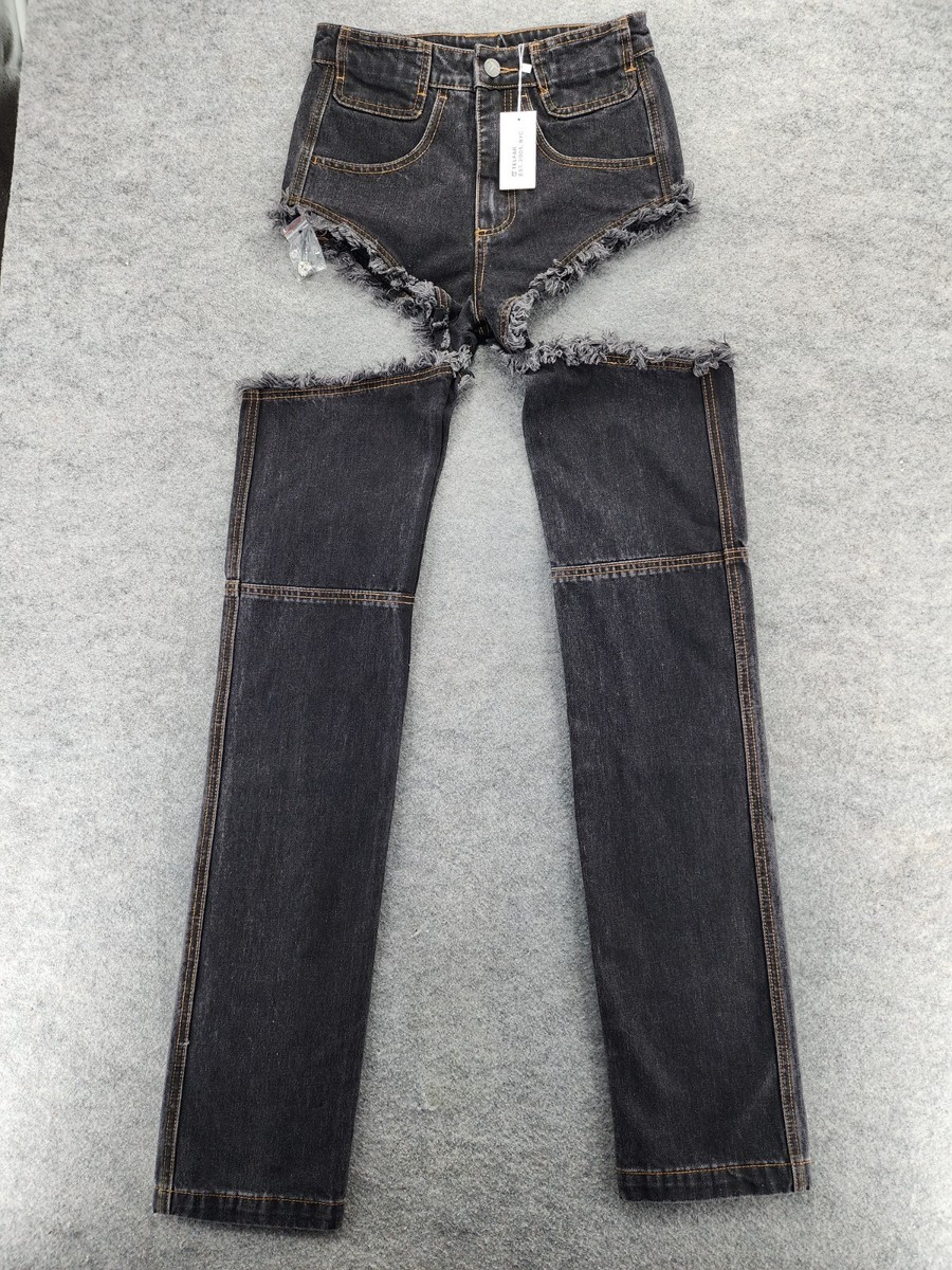 Telfar Jeans Womens 2XS Thigh Hole Black Denim High Rise 28x36