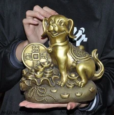 9" Chinese Ancient dynasty brass Feng Shui Lucky into treasure dog dog statue