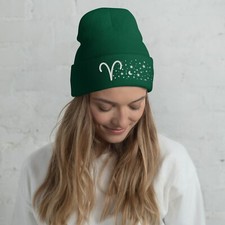 Aries Ram in the Stars Knit Beanie - Cozy Knit Hat  White Thread  Spruce Green