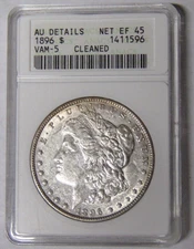 ANACS AU Detail 1896-P Morgan Silver Dollar VAM-5 1st Generation Soapbox Holder