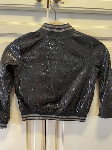 TM Truly Me Girl Bomber Jacket Sz 6 Black Sparkly Sequins Smiley Face Star Zip - Picture 4 of 11