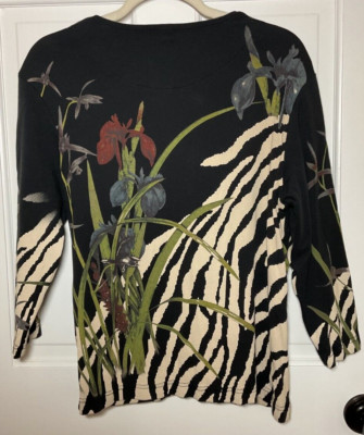 REGALIA WOMENS TOP SIZE L 3/4 SLEEVE BLACK ZEBRA FLORAL RHINESTON COTTON NEW