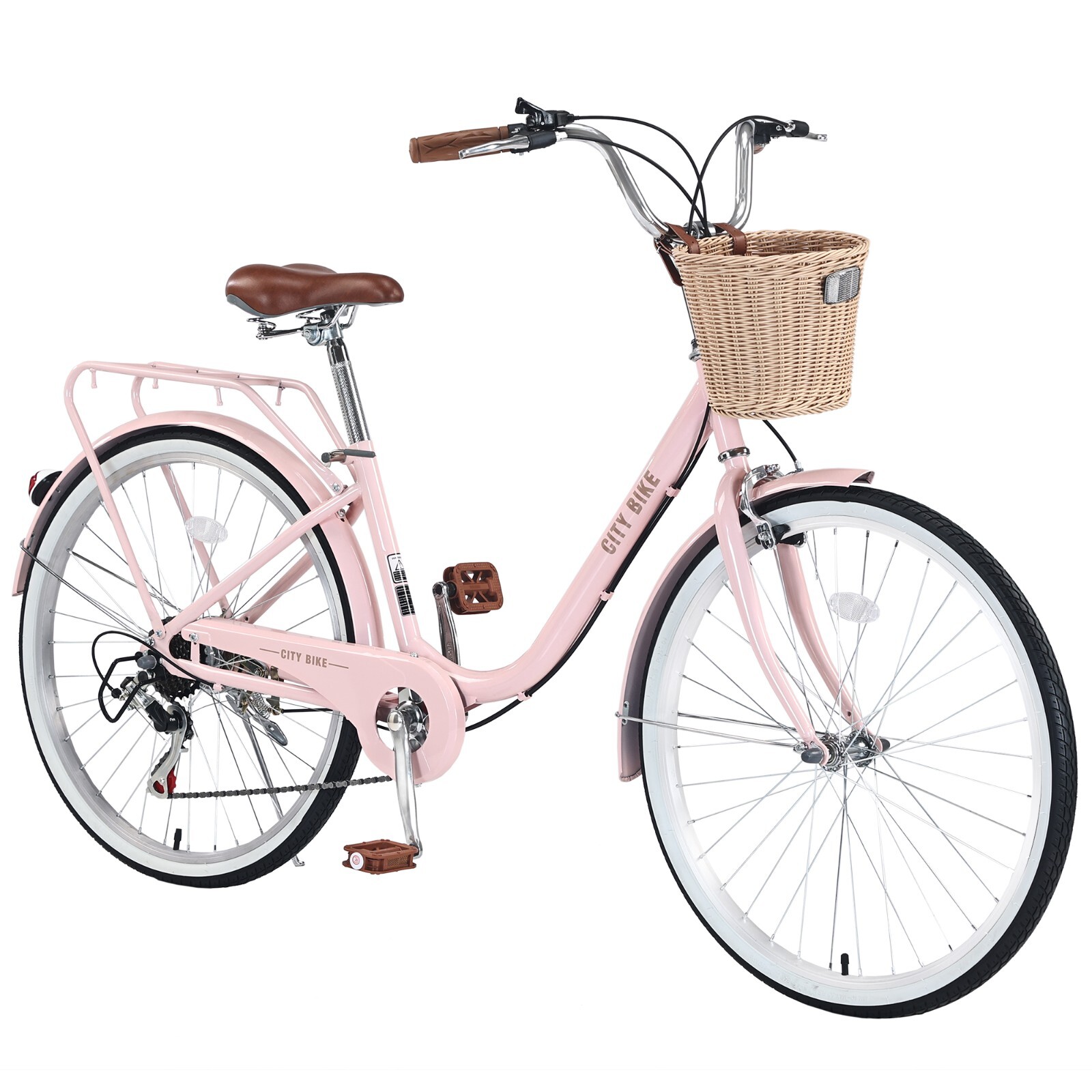 Bike For Women, City Bike With 7 Speed With Basket Pink