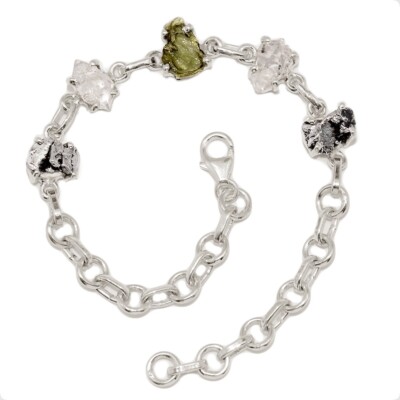 Natürlicher echter tschechischer Moldavit & Herkimer Diamant 925 Silber Armband SB17463