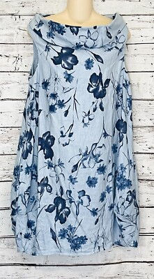 Luca Vanucci Linen Dress Size Small/M Lagenlook Blue Floral Cowl Neck Italy  Made