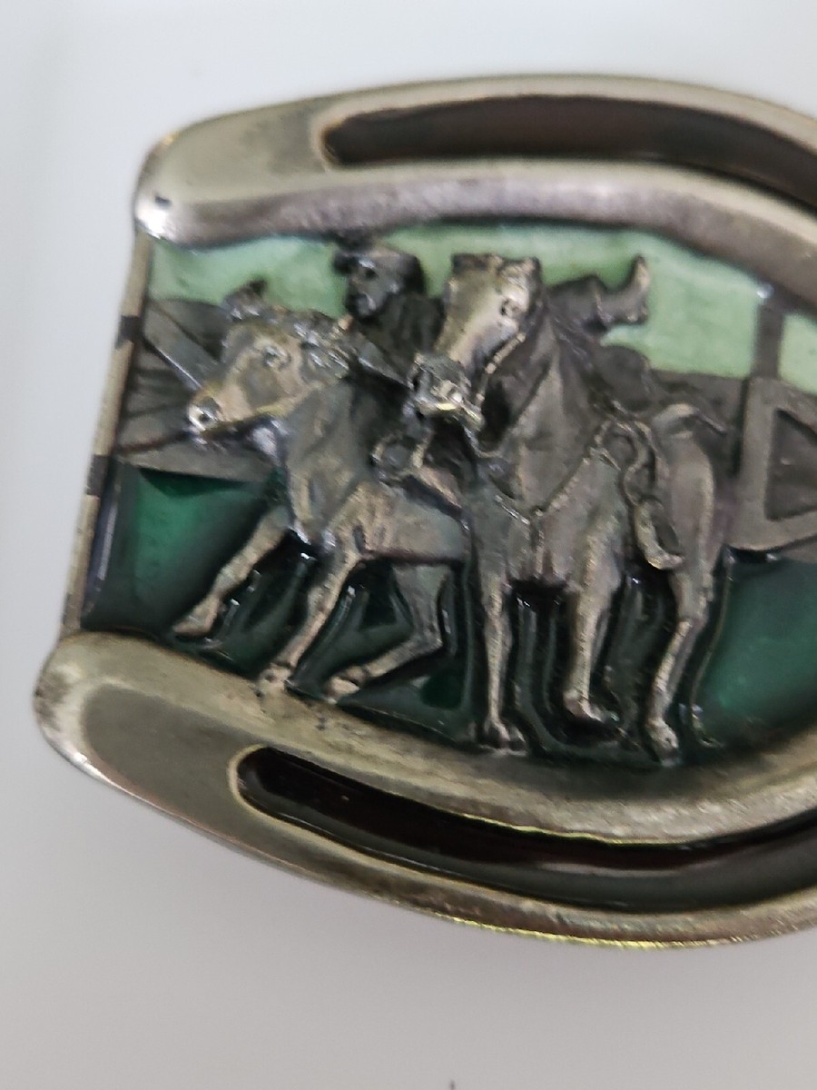 Vintage 1984 Bergamot Brass‎ Works Farm Horse Belt Buckle Tooled Leather Tan 1984 Bergamot Brass Works Belt Buckle Native American Horse  main image 3