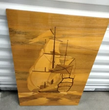 Wood Inlaid Marquetry Intarsia Wood 27.5"x19.5" Vintage Nautical Art Ukraine