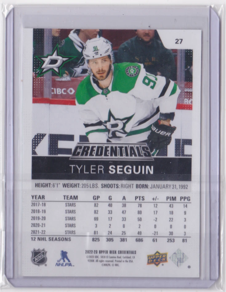 2022-23 UD CREDENTIALS GREEN BASE PARALLEL 7/25 TYLER SEGUIN #27 DALLAS STARS - Image 2 of 2