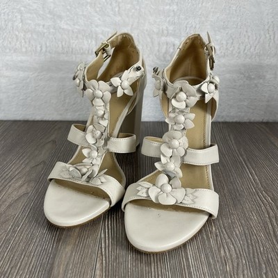 Michael Kors Floral Sandal Block Heels Neutral Cream, Size 7M