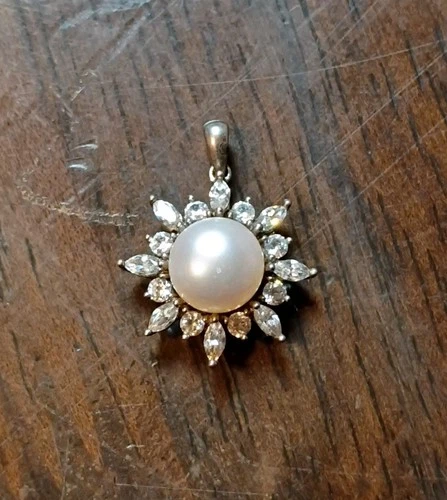 Sterling Silver Pearl & CZ Halo Petite Pendant 925 Vintage