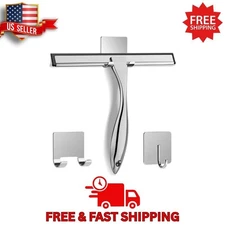 Stainless Steel Shower Squeegee w/ 2 Hooks for Glass Door, Mirror, 10" Silver