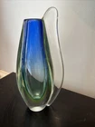 Vintage Sommerso Murano Glass Vase Blue Green Heavy 11” X  6”.See Details