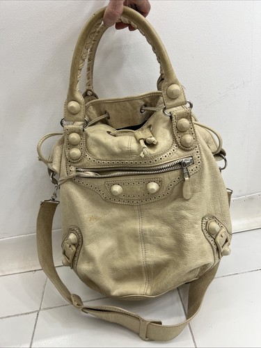 Balenciaga Arena City Hobo Bag Boho Large 2way Bucket Beige Tan Covered Studded