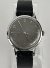 Vintage Timex 34mm Silver Tone Gray Dial Mechanical Watch w/Black Leather Band