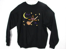 Vtg Halloween Embroidered Black Sweatshirt 90s Witch Hat Moon Bats Candy Corn L