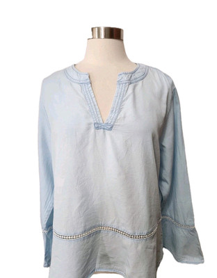 Fourteenth Place Top Women's XXL Blue Chambray Crochet Trim Bell Sleeves V-Neck