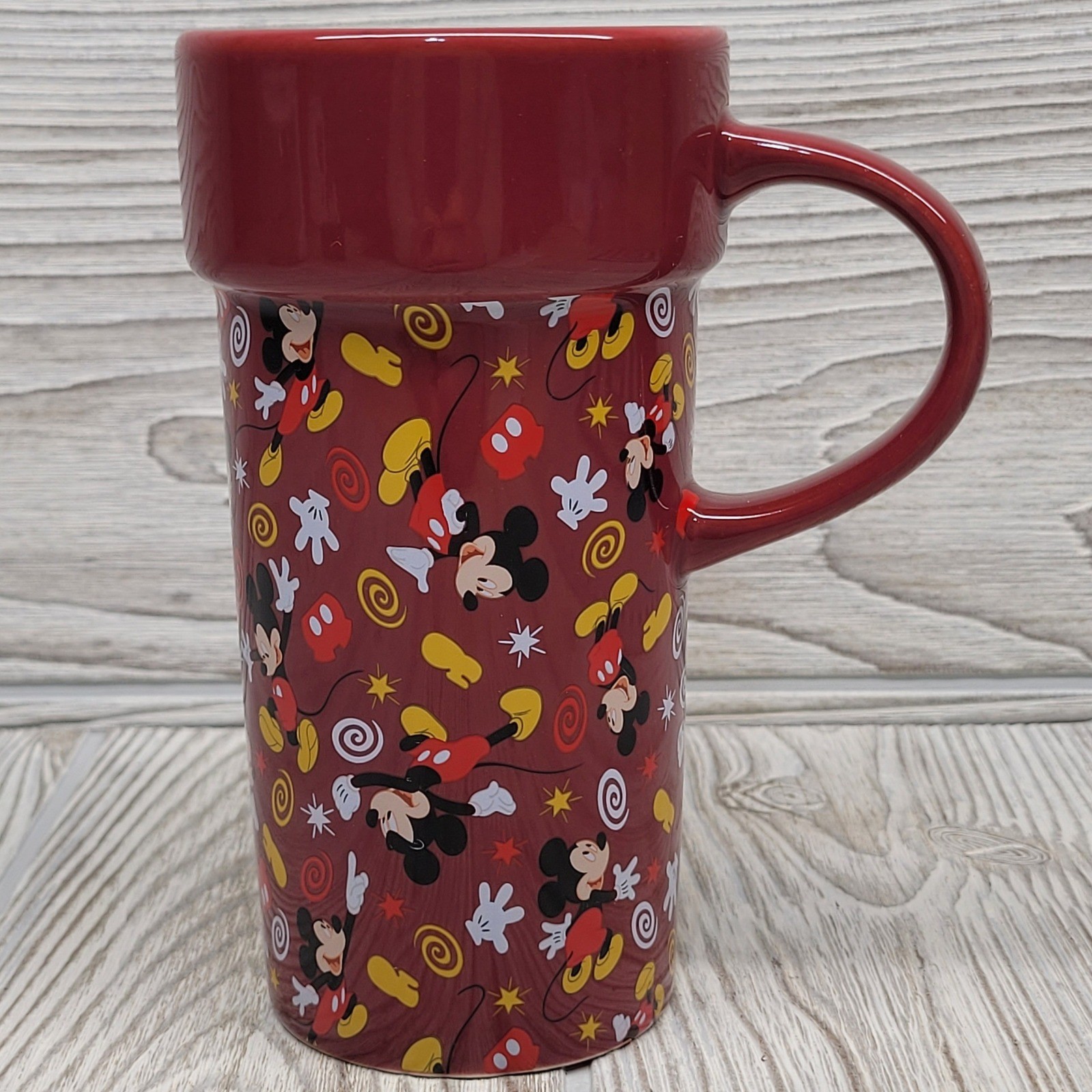 Disney Store Mickey Mouse Coffee Drink Tall Mug Red Ceramic All Over Print 16oz