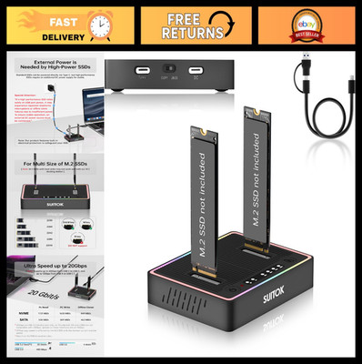 Dual-Bay M.2 Duplicator Cloner Dock Station, 20Gbps USB C NVMe SATA Reader, 2211
