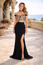 2 Piece Black Jersey Skirt Slit Floral Embroidered Top Prom Dress Size 8