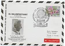 Balloon Flown Mail-Austria-Comm Cvr 1965 Pro Juventute in mem. Felix Schmidbauer