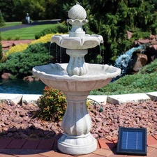 Resin Outdoor 2-Tier Solar Water Fountain with Battery - White by Sunnydaze
