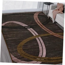  Modern Wavy Oval Design 6x9 Area Rug, Abstract Geometric Brown Rug for Living 