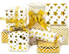 Whaline Gold Star Stripe Wrapping Paper, 8 Sheet White Gift white, gold