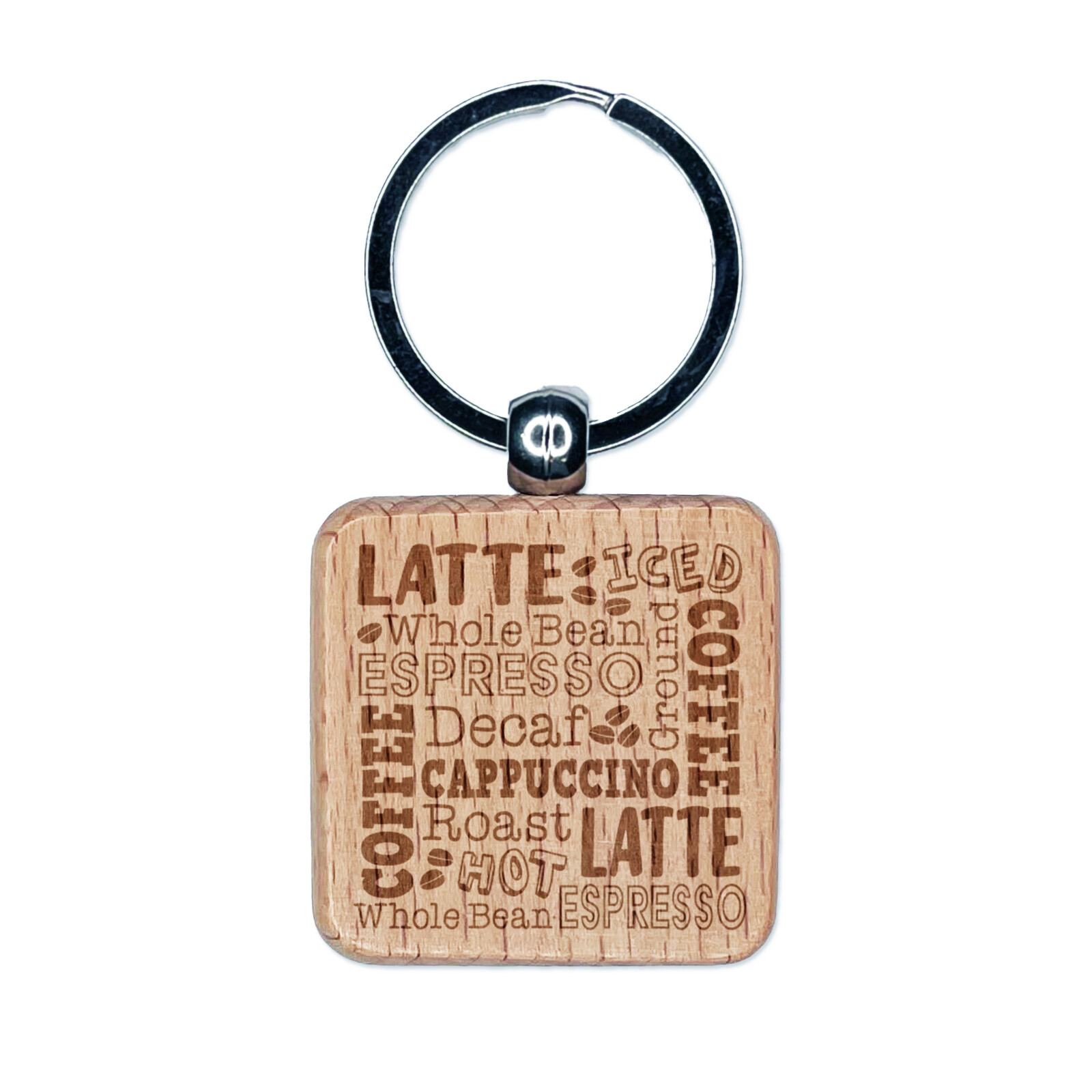 Coffee Words Engraved Wood Square Keychain Tag Charm