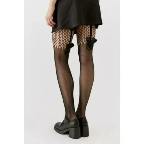 NEW URBAN OUTFITTERS BLACK HIGH BOW MIXED FISHNET TIGHT MEDIUM/LARGE TIGHTS NWT - Picture 1 of 8