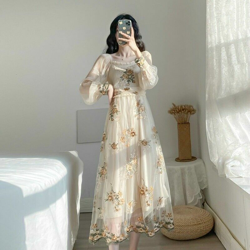 Ladies Embroidery Floral Mesh Dress Puff Sleeve Ruffle Retro Elegant Midi  Fairy