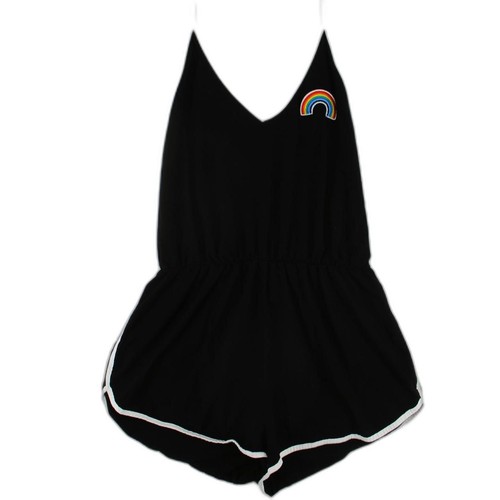 Women L Black Rainbow Tie Neck Shorts Romper Cotton Spandex - 第 1/5 張圖片