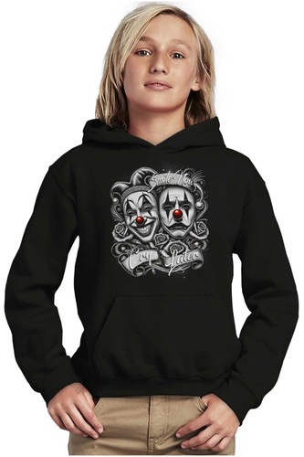Smile Now Cry Later Clown Jester Drama Masks Youth Hooded Sweatshirt Boy or Girl - Picture 4 of 7