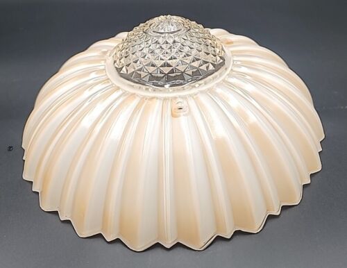 Vtg Art Deco Frosted Peach Glass Light Shade 3 Hole Chain Ceiling, 10 3/8” Dia