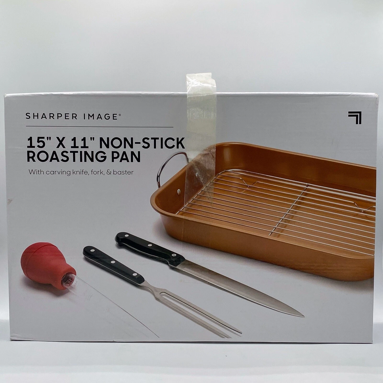 Sharper Image Roasting Pan Carving Knife Fork Baster 15x11 Copper Non-Stick Coat