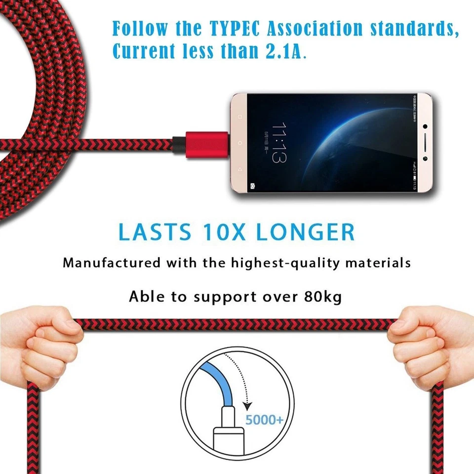UK Strong Braided Nylon Fast USB C 3A Type C Data Sync Charger Charging Cable - Image 2 of 4
