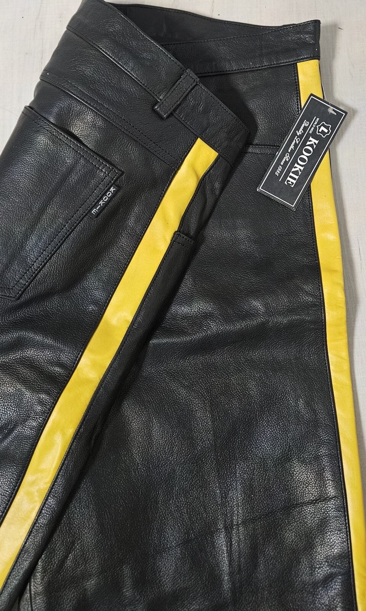 Kookie Black Leather Pants With Yellow Trim Down Leg 40W New Kookie Black Leather Pants With Yellow Trim Down Leg 40W New
