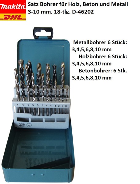 Makita Satz Bohrer FüR Holz, Beton Und Metall 3-10 Mm 18-Tlg D-46202 Metall-Box-image