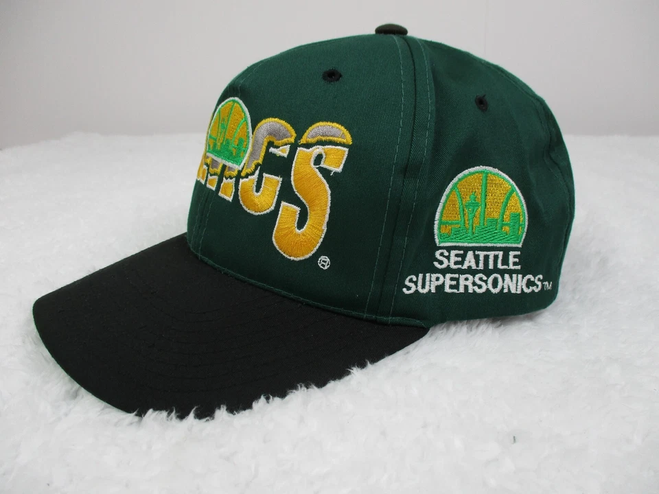 Gorra de colección Seattle Super Sonics Snapback NBA verde terremoto logotipo grande cabeza de bloque Foto 3 de 4