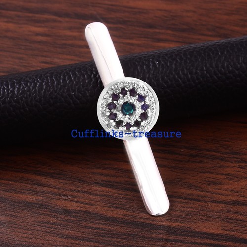 Natural Blue Sapphire Topaz & CZ Stones 925 Sterling Silver Men's Tie Clip #3 - Picture 2 of 7