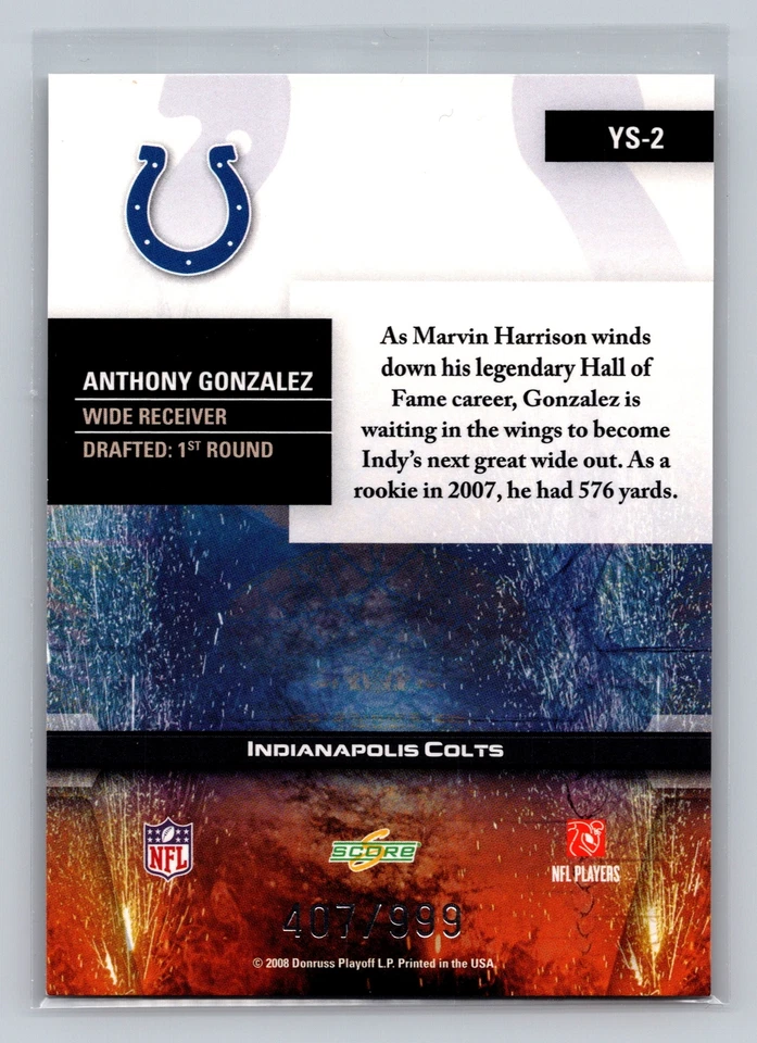 2008 Score #YS-2 Anthony Gonzalez - Image 2 of 2