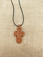 Orthodox Handmade Wooden Carved Neck Cross Jesus Christwith Black & White Rops