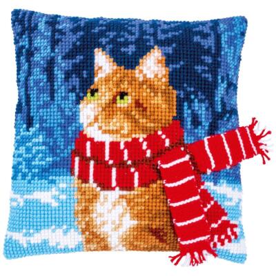 Vervaco Kreuzstichkissen ''Katze mit Schal'', Stickbild vorgezeichnet, 40x40cm