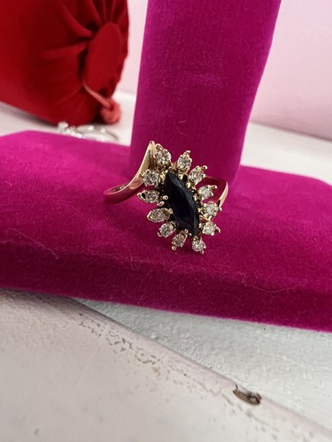 Anillo de diamantes zafiro azul marquesa de oro amarillo de 14 K natural 0,89 quilates 7 - Imagen 13 de 20