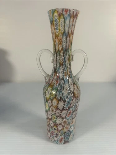 VINTAGE MURANO ART GLASS MILLEFIORI 2 HANDLED VASE HANDMADE 8.25”H x 3”W