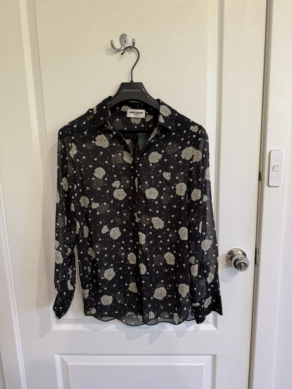 Saint Laurent — Saint Laurent YSL Paris Silk Sheer Blouse Polka Dot Floral Shirt Medium New