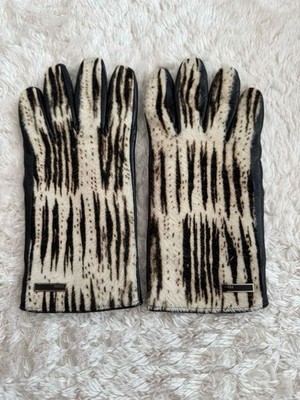Authentic FENDI Zebra 100% Cashmere Gloves Leather Size 7 Black Women's Italy