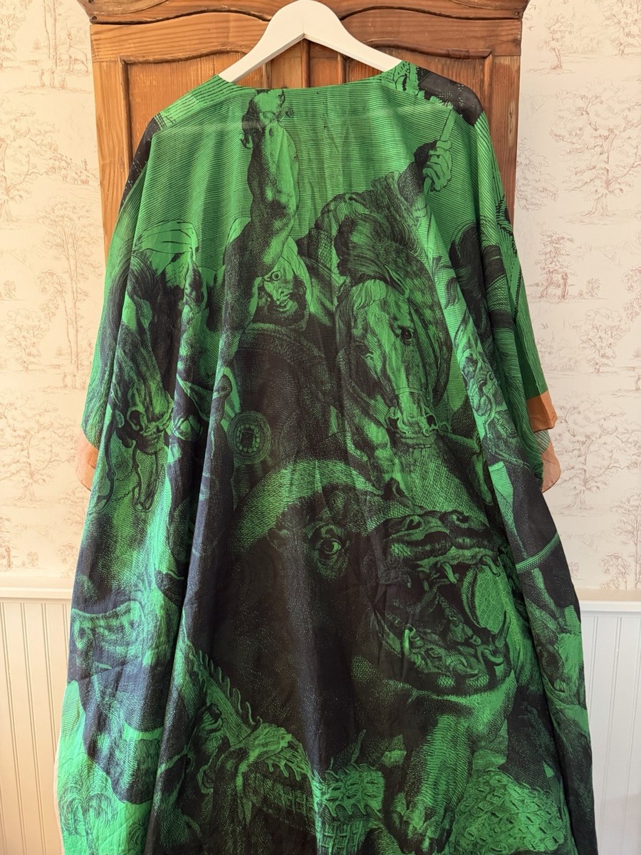 DRIES VAN NOTEN Limited Green/Black Graphic Kaftan Long Dress V-Neck  One Size View 5