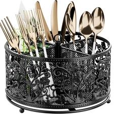 360° Rotating Utensil Caddy - Silverware Cutlery Caddy Holder with 4 Compartm...