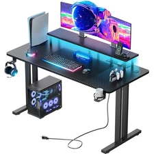 Gaming Desk with LED Lights & Monitor Stand, Computer Desk with Power Outlets