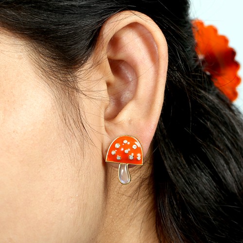 Women's 14K Gold Moonstone Diamond Mushroom Stud Earrings Fine Jewelry - Picture 2 of 7